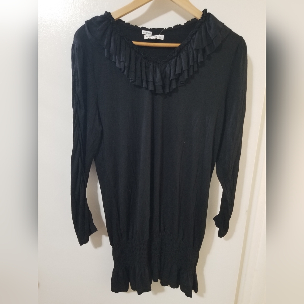 Claudia Richard NWT Black Smocked Tunic Top Stretch Ruffle Hem L